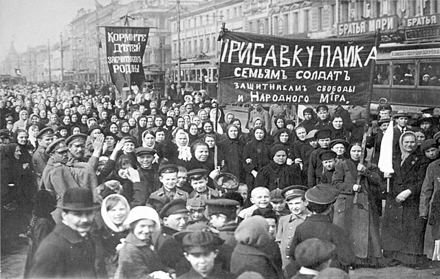 Workers of Putilov factory in Petrograd march during February Revolution 1917 demanding support to worker-soldier's families. Source Wikipedia
